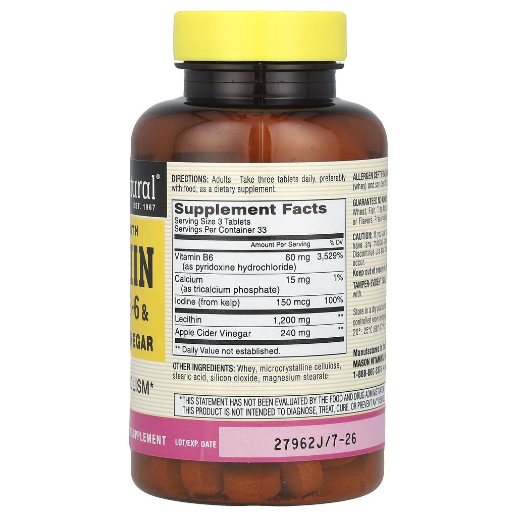 Mason Natural Lecithin with Algae, Extra Strength, B6 and Apple Cider Vinegar, 100 Tablets