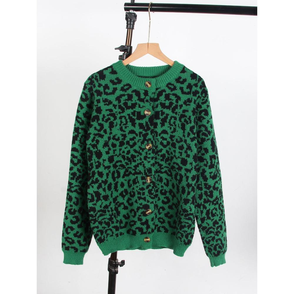 Women's Crew Neck Long Sleeve Leopard Print Loose Fit Commuter Knit Cardigan