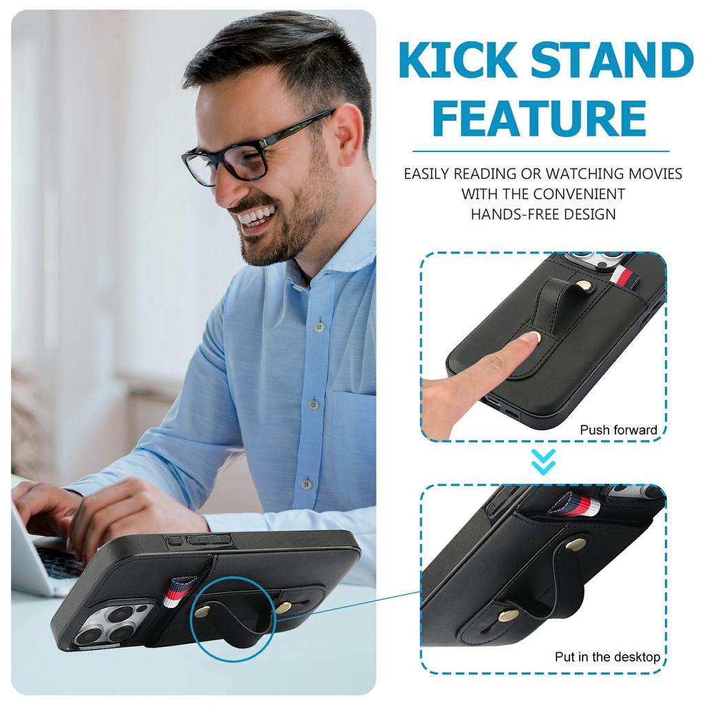 For iPhone 16 Pro Case PU Leather+TPU Hidden Card Holder Drop-proof Phone Cover with Kickstand