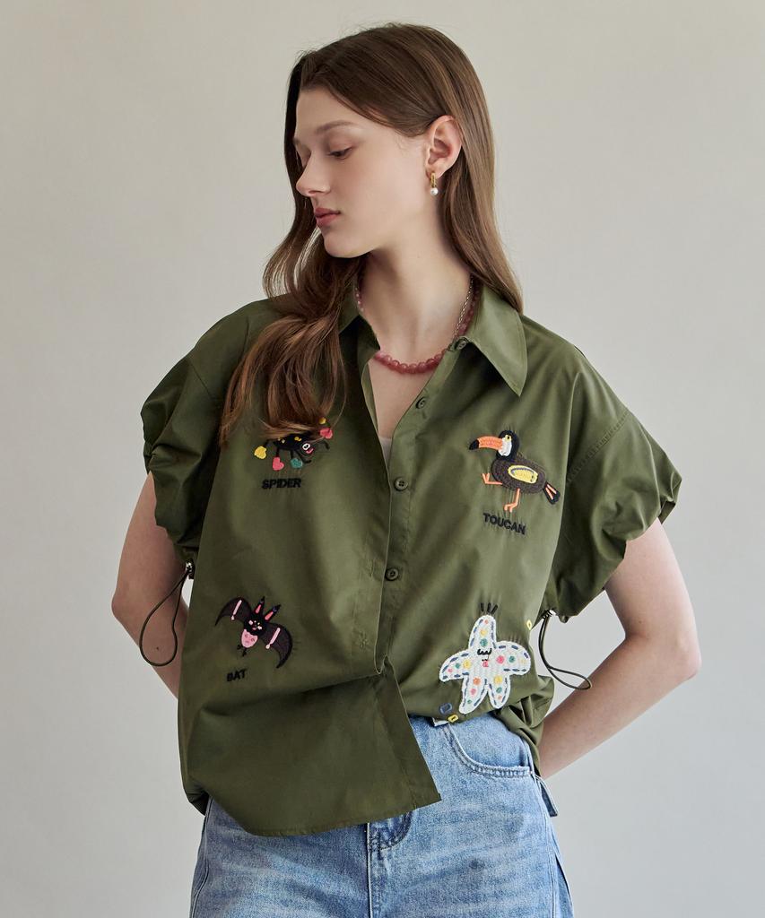 MAXZA Kitsch Animal Embroidery String Short Sleeve Shirt