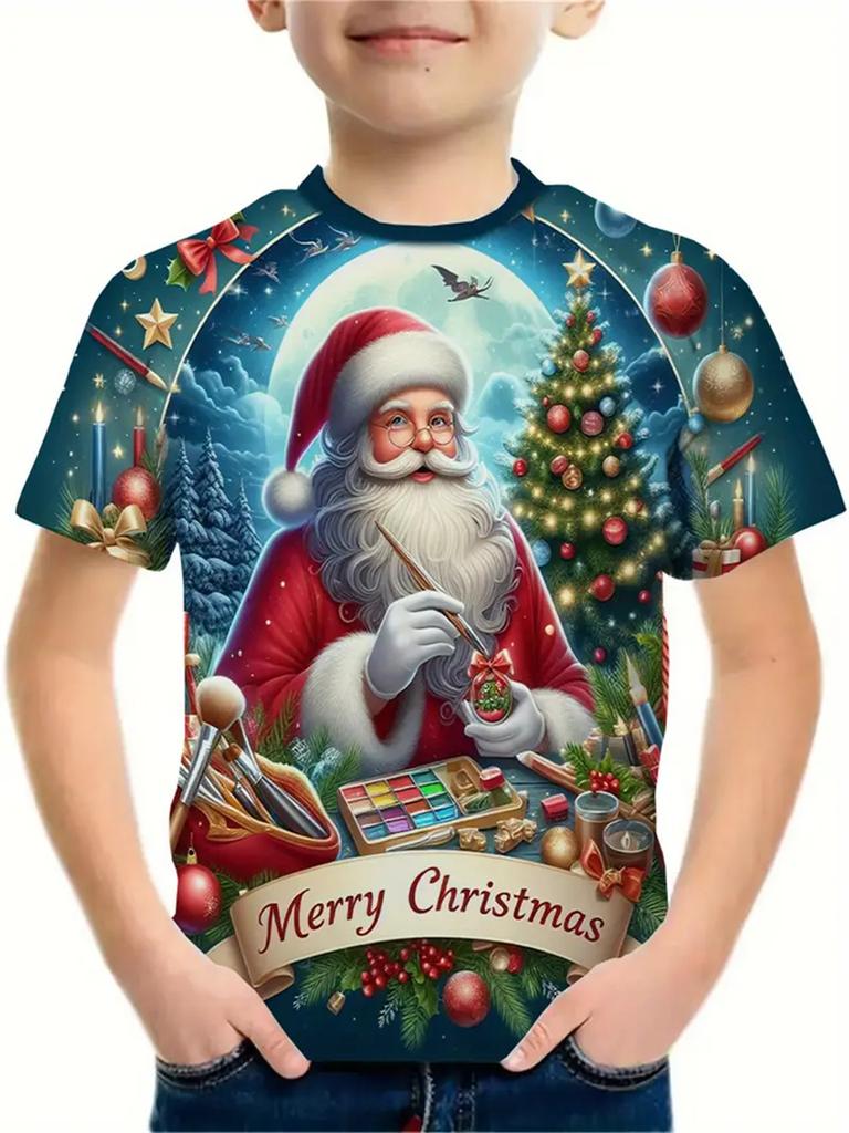 Рождественская одежда 2025 года Футболки для мальчиков и девочек Новогодние футболки Повседневная детская одежда с принтом Санта-Клауса Футболка