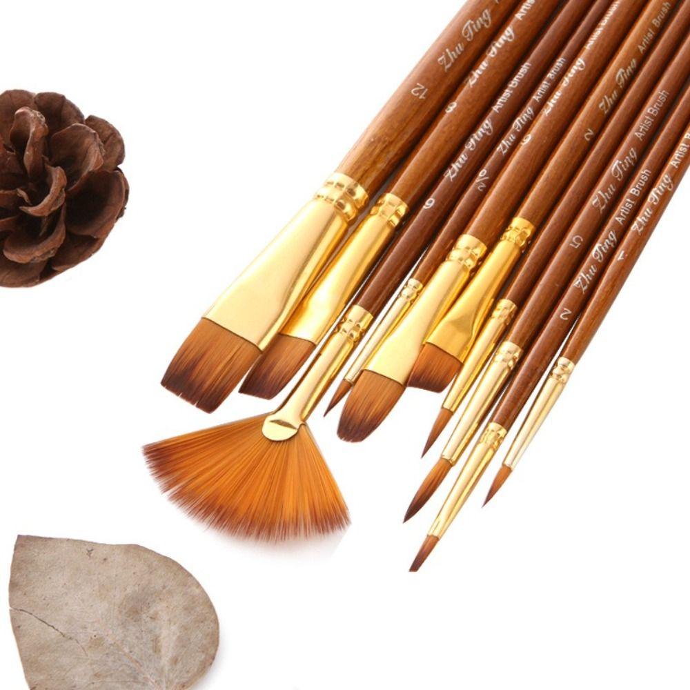 10Pcs/Set Nylon Bristles Watercolor Gouache Painting Pen Round Flat Angle Drawing Art Brush  Gouache