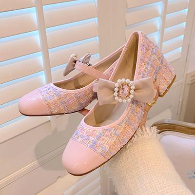 Модные роскошные туфли Мэри Джейн с жемчужной пряжкой для девочек, милые розовые туфли с бантом на высоком каблуке для женщин, элегантные туфли-лодочки во французском стиле, модные туфли-лодочки