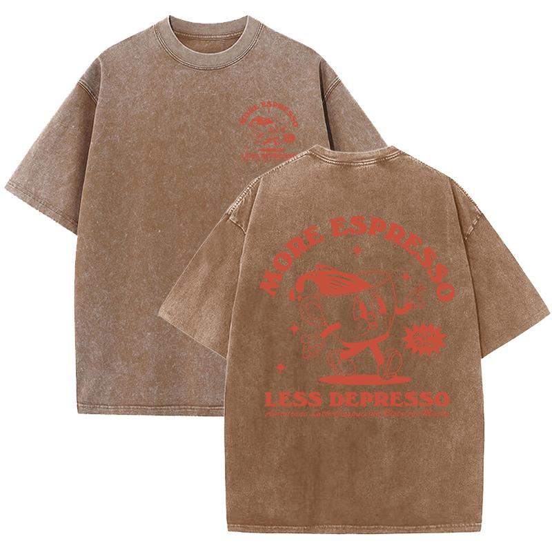 More Espresso Less Depresso Letter Cup Drink Print Washed Womens Tee Shirt Cotton T-Shirts New Breathable Clothes All-Match Top