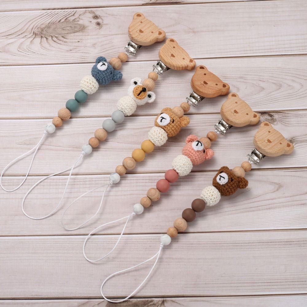 Wood Pacifier Holder Clips Bear Baby Teether Toys Straps Cute Baby Pacifier Chain  Baby