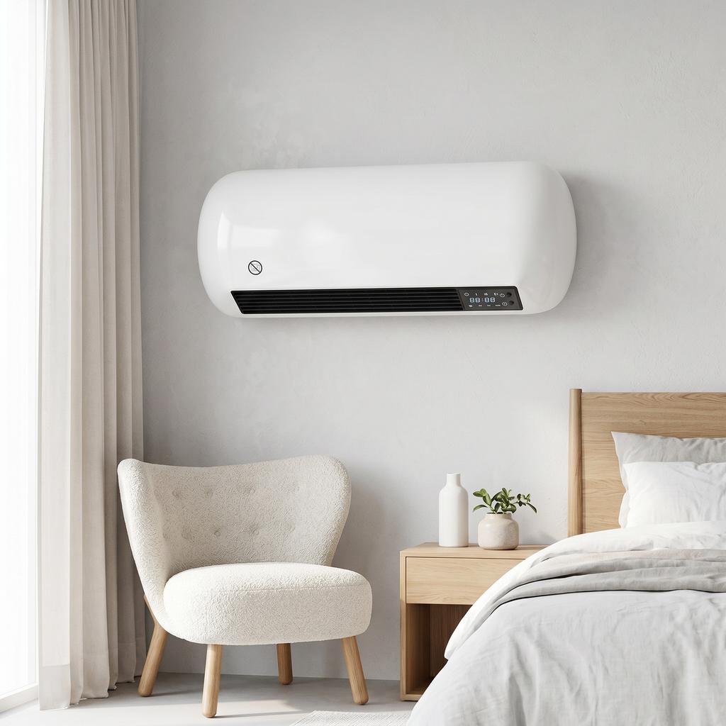 Wall Fan Heater 2000W Ceramic Wall Heater with Fan, 2 Power Levels, LED Display, Thermostat, White