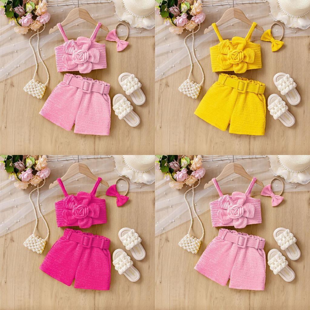 Модный комплект для девочек Летний детский многоцветный объемный цветочный топ-халтер + шорты + головной убор