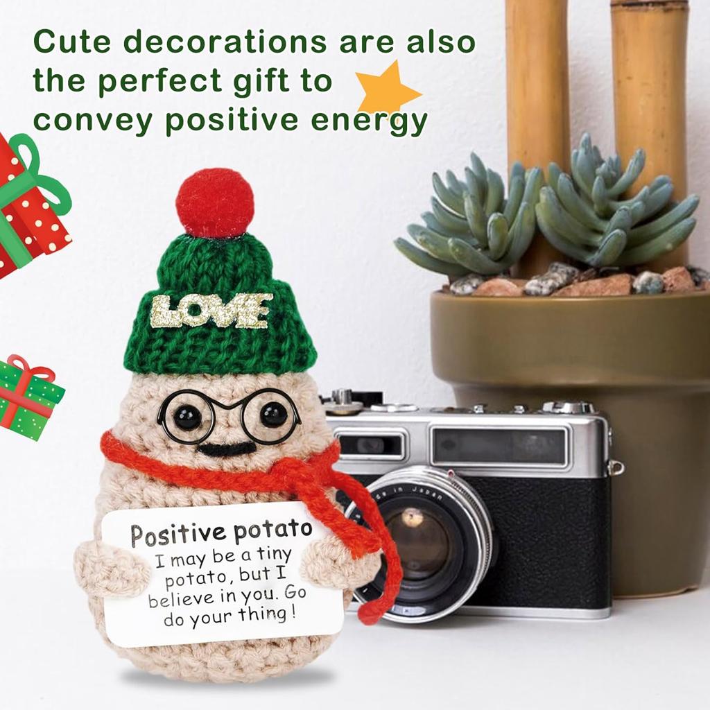 Christmas Home Decoration Crochet Positive Xmas Glasses Potato Doll with Card Handmade Wool Knitted Potato Ornament Party Decor