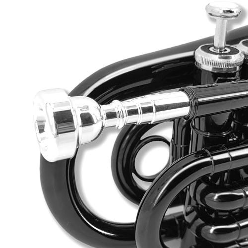 Yinfente Bb Flat Pocket Trumpet for Beginners, Includes Student Cleaning Cloth, Silver-Plated 7C Mouthpiece, Hard Case, and White Glove (Black)