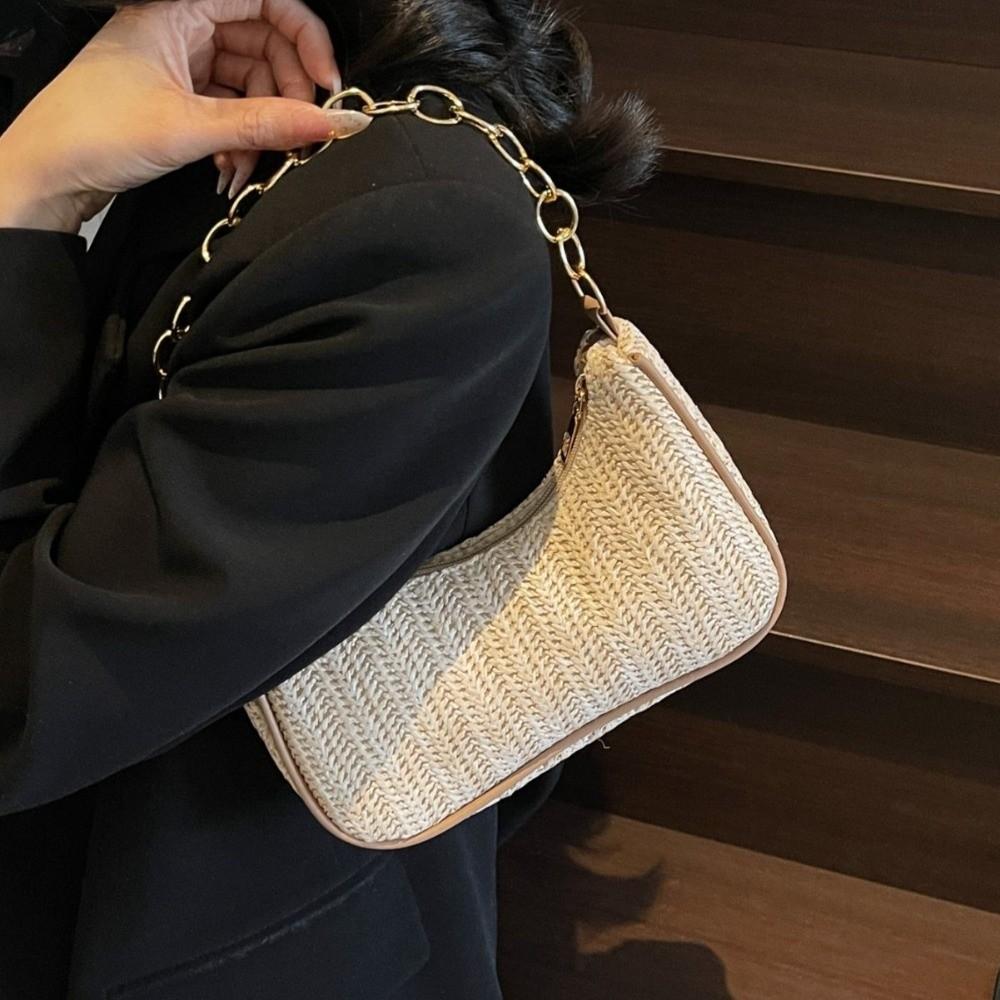 Zipper Weave Underarm Bag Square Beach Handbag Casual Straw Shoulder Bag Travel
