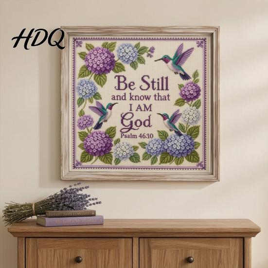 Stamped Cross Stitch Fabric Hummingbird Hydrangea Embroidery Kit Garden Faith DIY Kit Easy for Beginners with Psalm Fabric Beginner Hand Craft