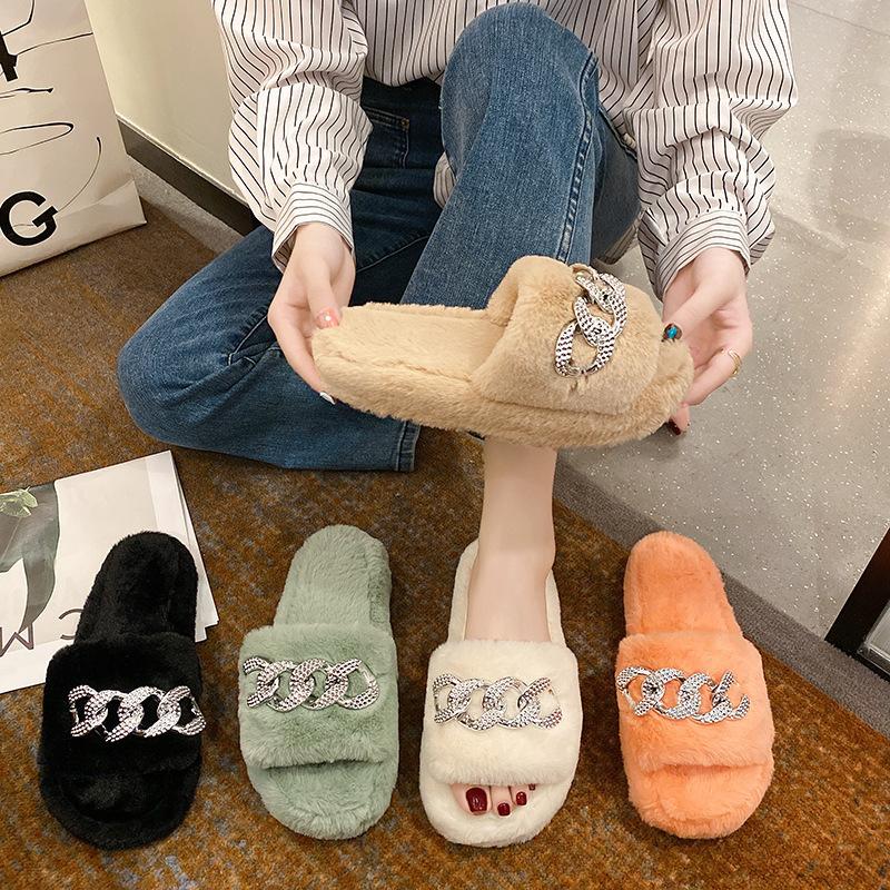 Cute Warm Fluffy Slippers Women Cozy Faux Fur Cross Indoor Floor Slides Flat Soft Furry Shoes Ladies Female Celebrities