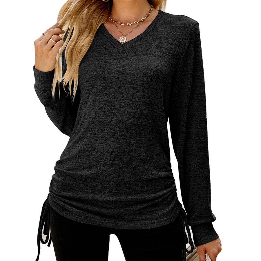 Осень-зима, однотонная плиссированная свободная футболка с длинными рукавами и v-образным вырезом, топ с завязками сбоку для женщин
