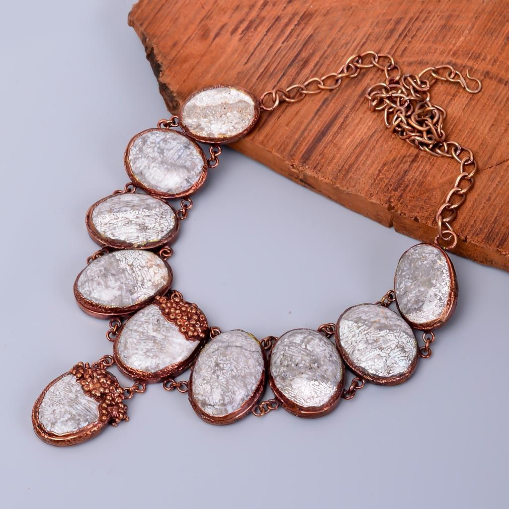 Friendship Day Deal Oval Fossil Coral Stone Copper Electroformed Chain Necklace V-86