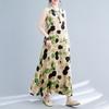 Summer Loose Cotton Linen Printed Round Neck Sleeveless Dress for Women Mid Length