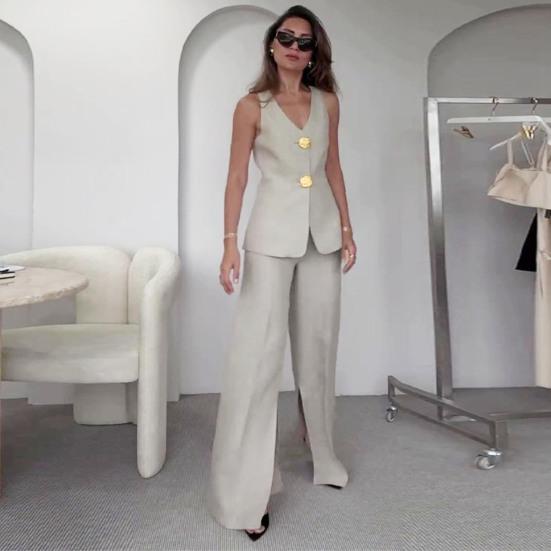 2 шт./комплект женский жилет брюки костюм V-образный вырез застегивается на пуговицы без рукавов топ широкие свободные брюки формальный деловой стиль пригородный наряд