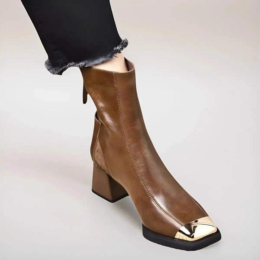 Женские ботильоны с металлическим носком, на молнии сзади, на среднем блочном каблуке, модные, с коротким голенищем, резиновой подошвой, для отдыха, ботильоны женские