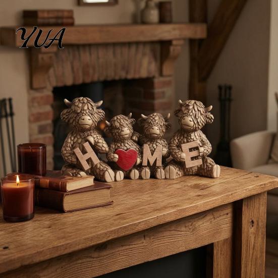 Healing Gift for Friends Highland Cow Family Figurine, Resin Cattle Statue Holding HOME Letter Sign, Housewarming New Home Farmhouse Tabletop