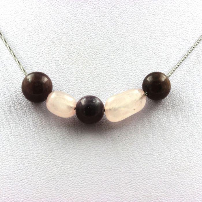 Stones and Minerals. Mogok Ruby, Burma, Myanmar 8mm Pearl Necklace + Rose Quartz On Stainless Steel Chain.