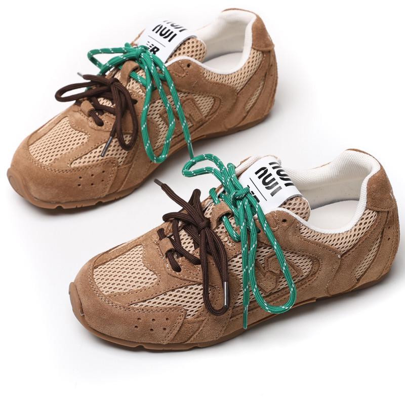 Женские кожаные кроссовки Dexun осень 2024 года: Двухцветные шнурки, стиль Форреста Гампа, повседневные туфли для папы