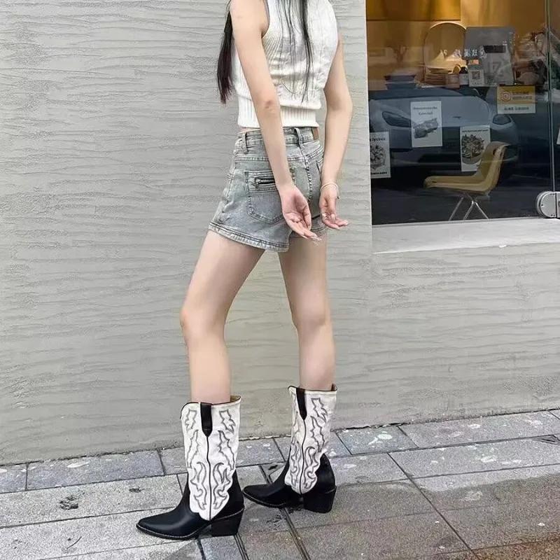 Модные женские ковбойские сапоги с вышивкой в стиле вестерн, модные длинные сапоги на толстом каблуке в стиле ретро, осенне-зимняя женская обувь