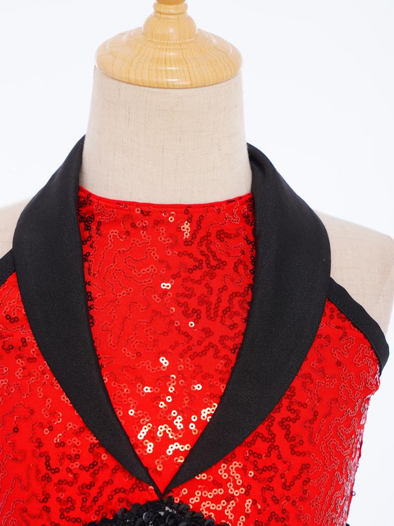 Girls Dance Costume Turn-Down Collar Sleeveless Sheer Mesh Keyhole Back Shiny Sequins Feather