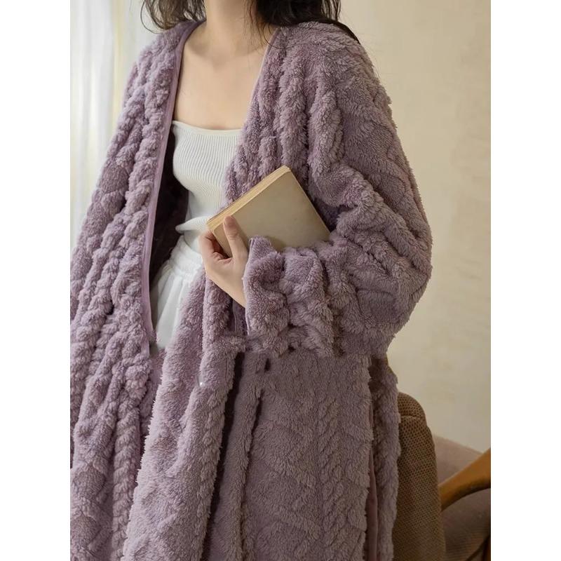 Korean Style Thick Warm Elegant Flannel Nightgowns Women Simple Gentle Tender Fluffy Heating Nightdress Winter Soft Sleepwear