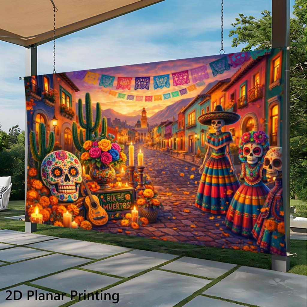 2D flat banner, 1 piece of Mexican Day of the Dead street scene backdrop fabric, festival bannerzyc