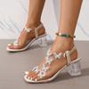 Women's Butterfly Clear Chunky Heels, Square Open Toe Elastic Strap Mid Heels, Stylish Slip On Slingback Sandals