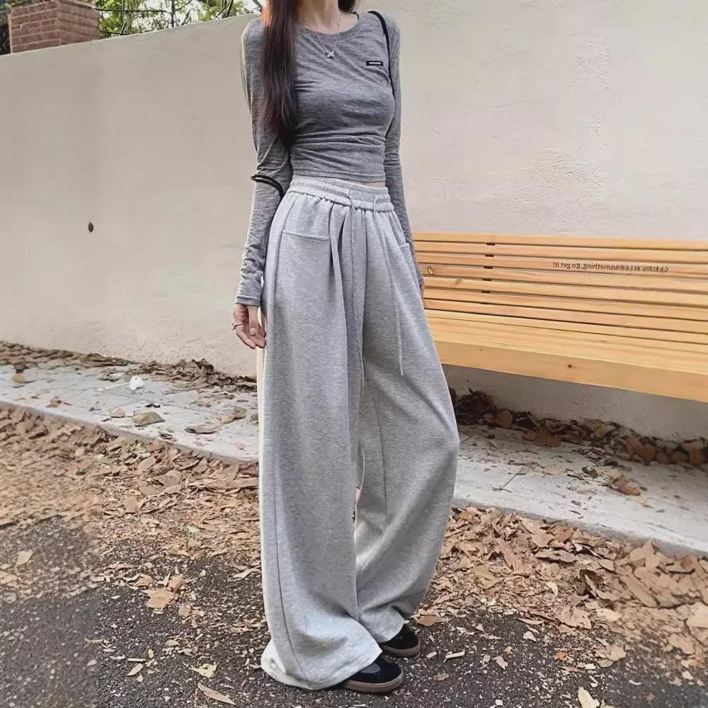 Широкие брюки с высокой талией и завязками на талии — женские повседневные спортивные брюки на осень 2024 года