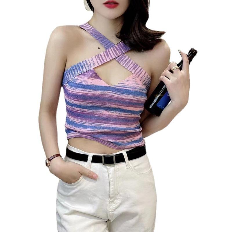 Летний новый дизайн чувственный Spice Girls Cross Halter радужная жилетка с высокой талией блузка