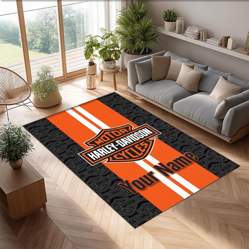 Harley-Davidson Crystal Velvet Rug, Custom Name Text Personalized Non‑Slip Floor Mat for Home Decor Gift
