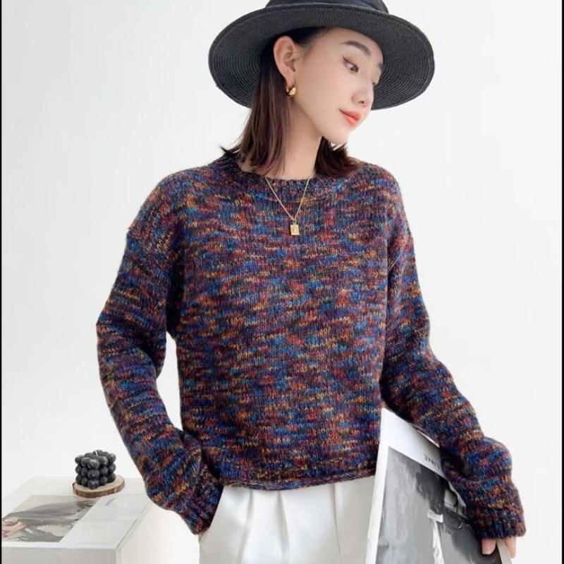 Женский пуловер, осень-зима 2023, повседневный пуловер из трикотажа с круглым вырезом, свободная нижняя часть, свитер, женский топ