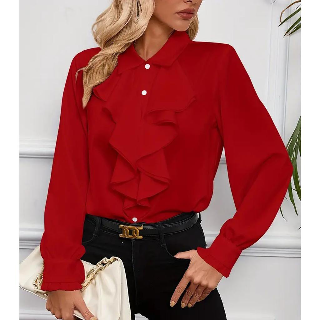 Женская свободная повседневная однотонная рубашка с оборками и длинными рукавами, модная рубашка