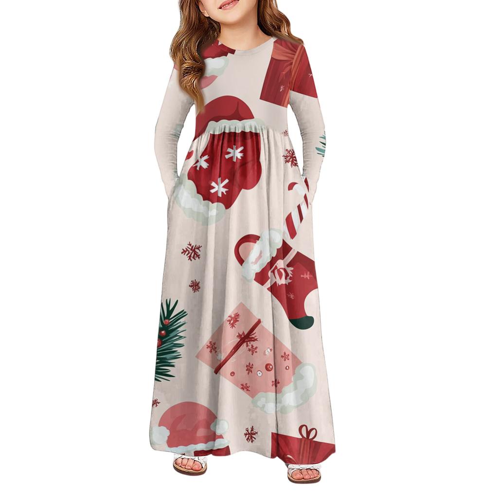 Девичье платье макси - Платье с длинным рукавом и карманом на Рождество