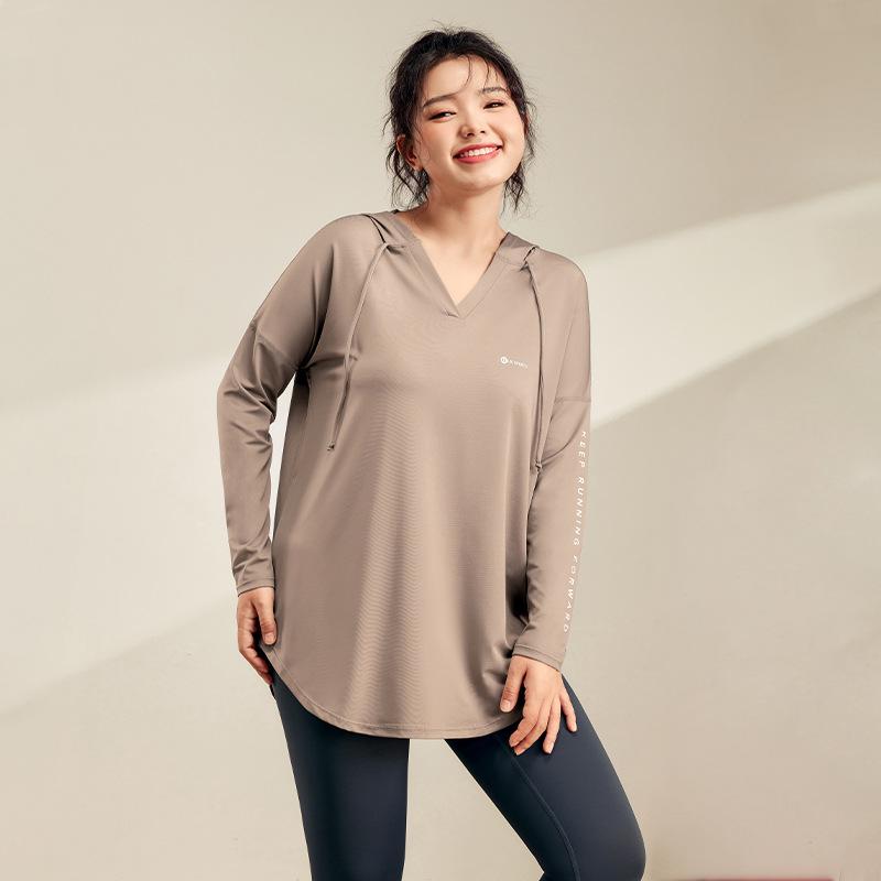 Женская майка для йоги с капюшоном больших размеров — облегающая, дышащая, быстросохнущая, с длинным рукавом для фитнеса