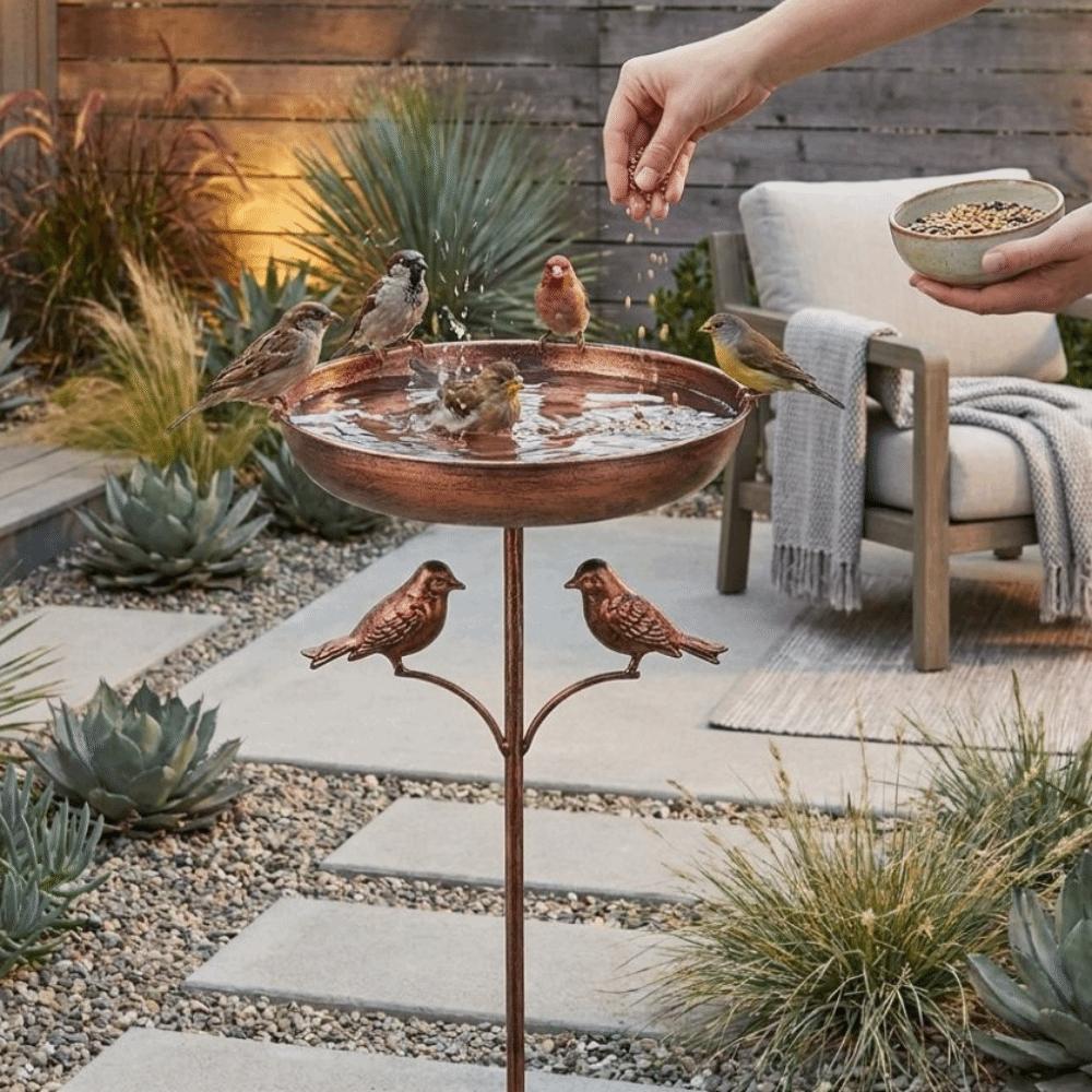 Standing Bowl Iron Bird Bath Feeder Rustproof Metal Bird Feeding Station Patio Yard