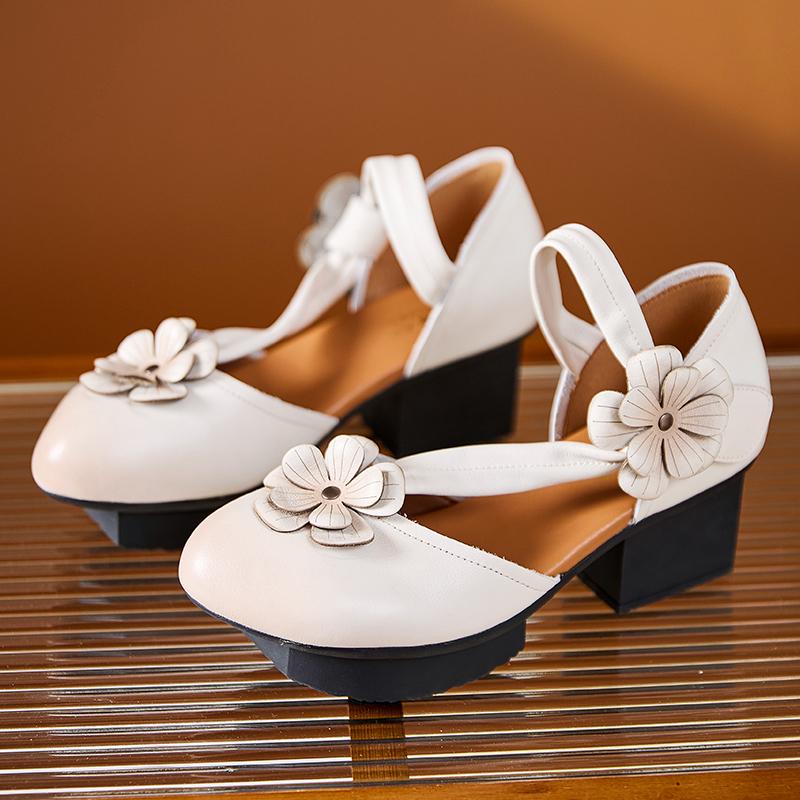 Fashion GKTINOO 2025 New Women Sandals Summer Genuine Leather Flowers Handmade Sandals Retro Style Round Toe Middle Heels Women's Shoes