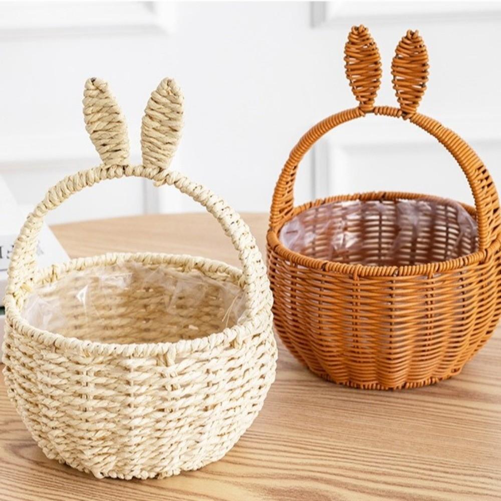 Cartoon Rabbit Ear Egg Gathering Ornaments with Handles Hand Woven Basket Easter Festival Gift