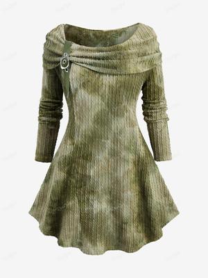 Rosegal Plus Size Ombre Tie Dye Print Grommets Buckle Turn Down Воротник с косами и текстурированной вязкой