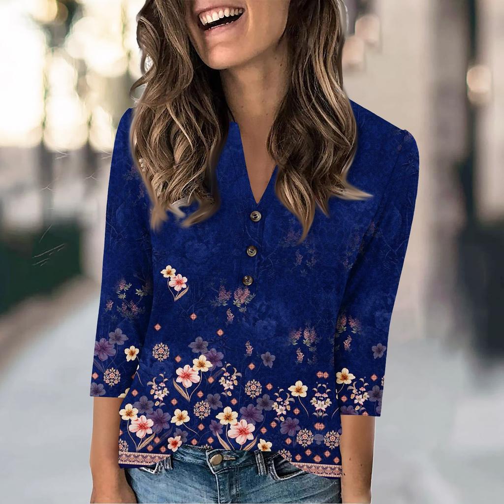Women's Fashion Casual Loose 3/4 Sleeve Printed Round Neck Top