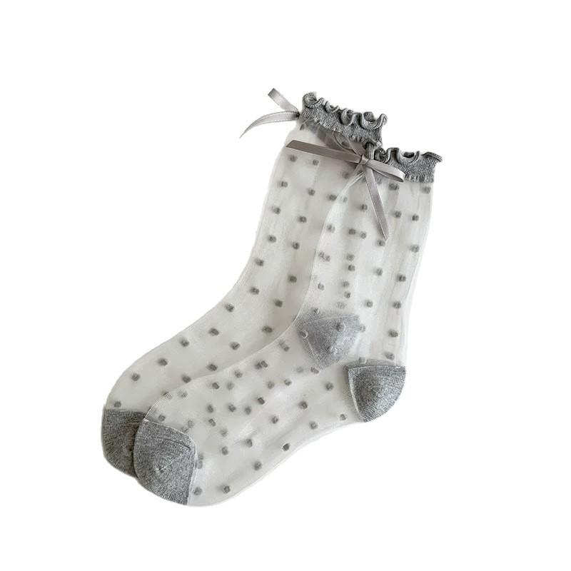 Spring and Summer Women's Style Transparent Silk, Black Fungus, Polka Dot, Bow, Crystal and Glass Fiber Women's Socks