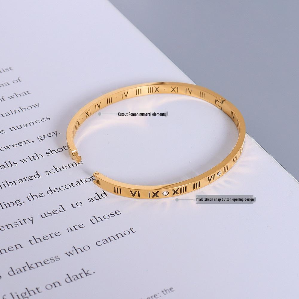 Позолоченный браслет-бэнгл с римскими цифрами и бриллиантами из титановой стали для пар – Женские украшения Z043