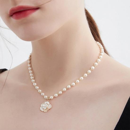 Women Girl Faux Camellia Necklace Flower with White Pearl Pendant Temperament Dressing-Up Beaded Faux Pearl