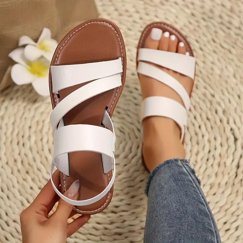 2024 New Women's Solid Color Faux Leather Flat Sandals, Casual Open Toe Summer Shoes, Lightweight Ankle Strap Sandals