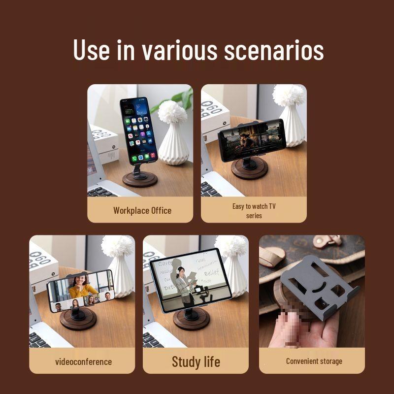 Foldable Walnut Wood Grain Phone Stand - 360° Rotation & Multi-Angle Adjustment for Streaming and Viewing