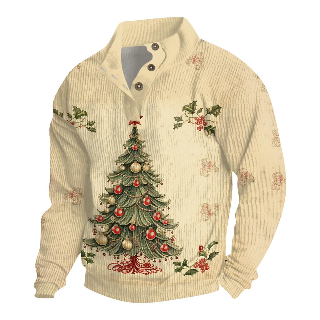 Мужская рождественская хлопковая рубашка-пуловер с длинным рукавом для активного отдыха, винтажная вельветовая рубашка с воротником-стойкой и пуговицами, повседневная толстовка с рождественским принтом