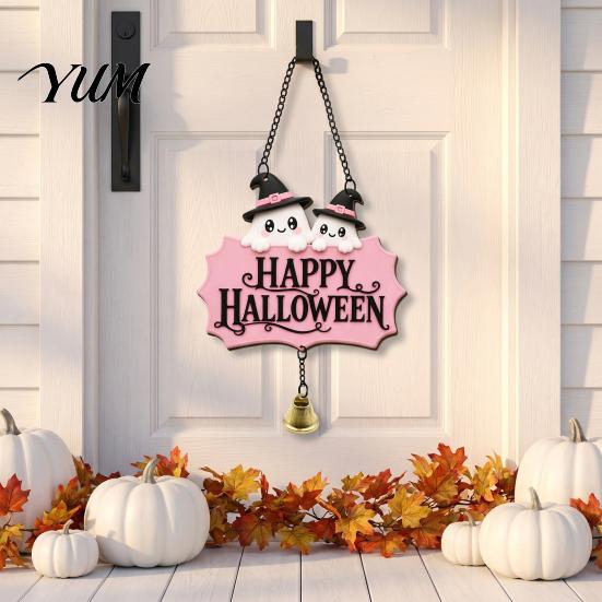 Festive Entrance Hanging Bell Halloween Cute Witch Hat Ghost Door Sign, Wooden Decoration, Decorative Skull Doorbell Pendants for Indoor Outdoor Home
