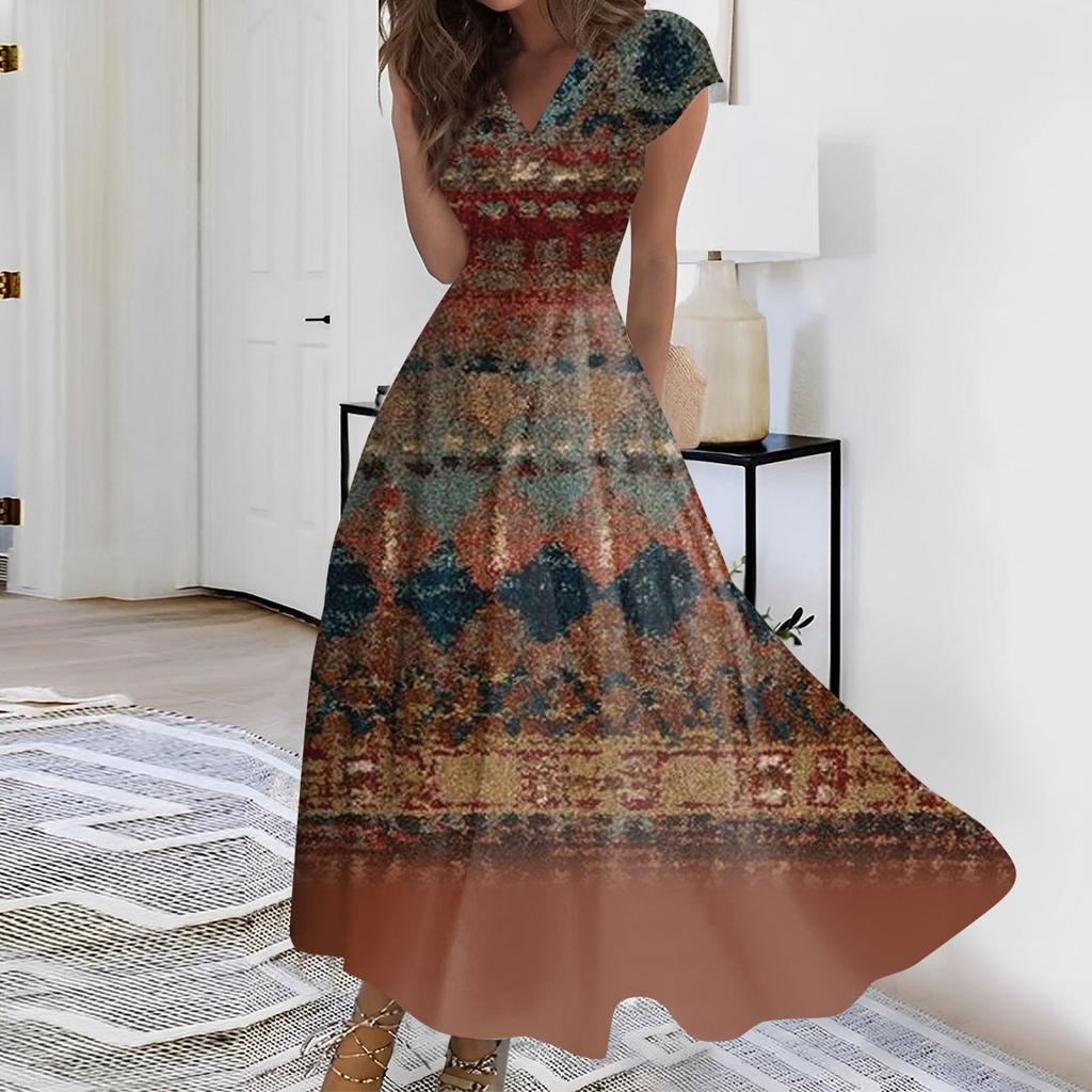 Женское длинное платье Макси-платье Повседневное платье Летнее повседневное платье с короткими рукавами и v-образным вырезом в стиле бохо с талией и принтом