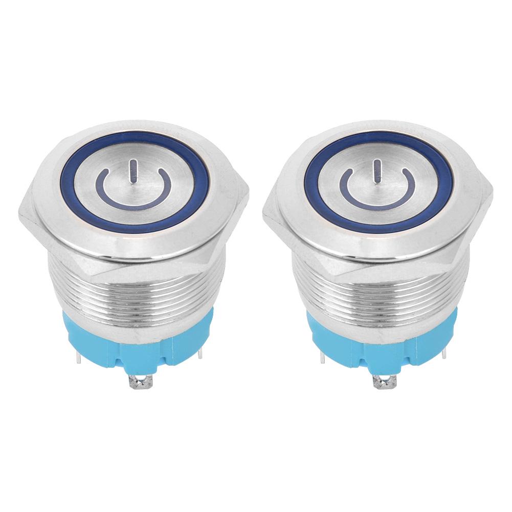 2 Pcs Button Switch Flat Head Self Reset IP65 220VAC 22mm 4 Pin Switch with Light(Blue )